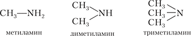 Структурные формулы а) метиламин; б) диметиламин; в) триметиламин