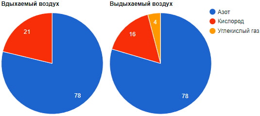Круговые диаграммы, показывающие состав вдыхаемого и выдыхаемого воздуха.